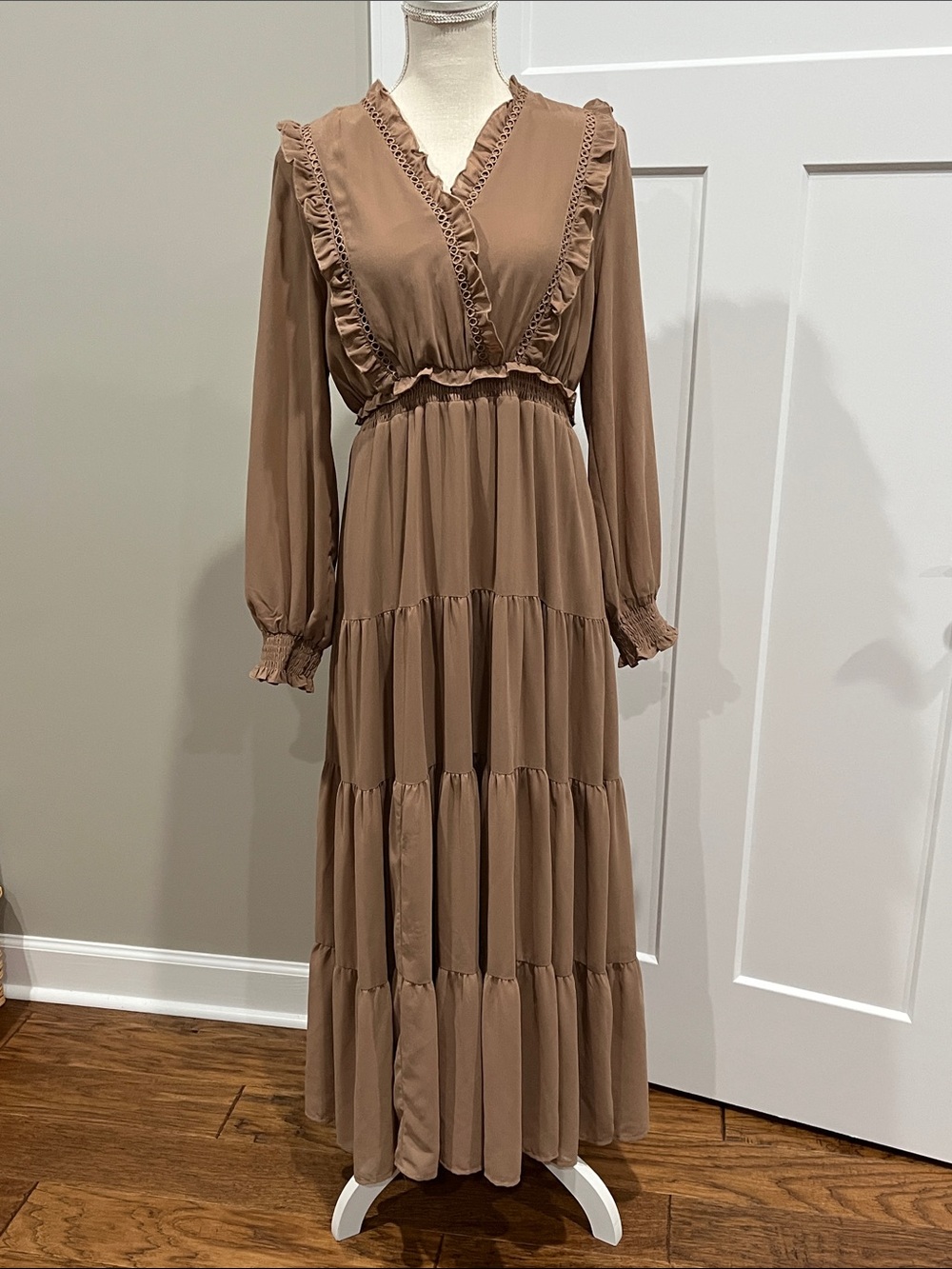 Taupe Ruffle Tiered Maxi Dress with Smocked Waist